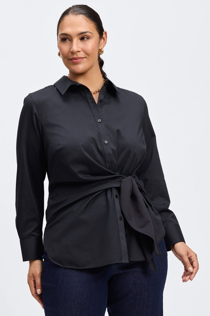 Sabine Plus Stretch Matte Sateen Tie Long Sleeve Shirt
