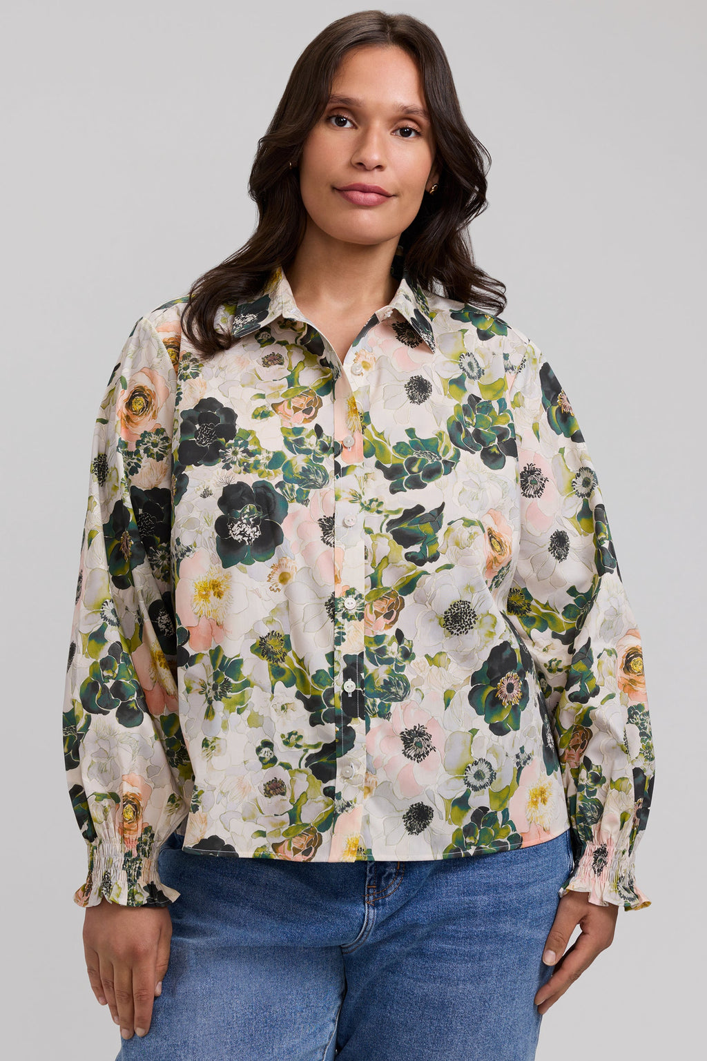 Vivienne Plus Painted Bouquet Long Sleeve Short Shirt